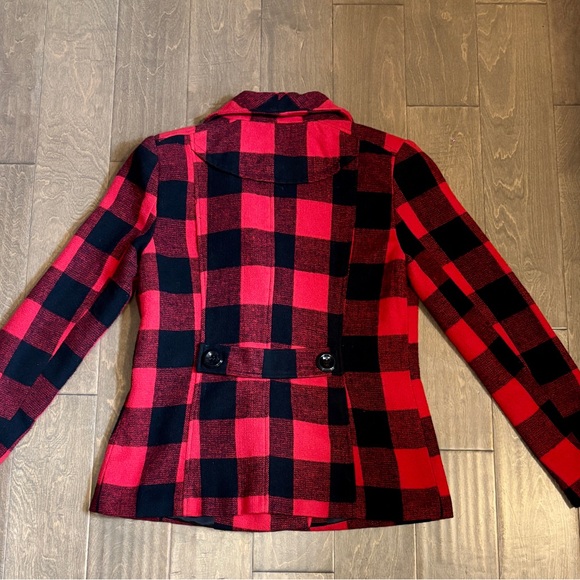 Rampage Red and Black Checkered Pea Coat - Picture 2 of 4